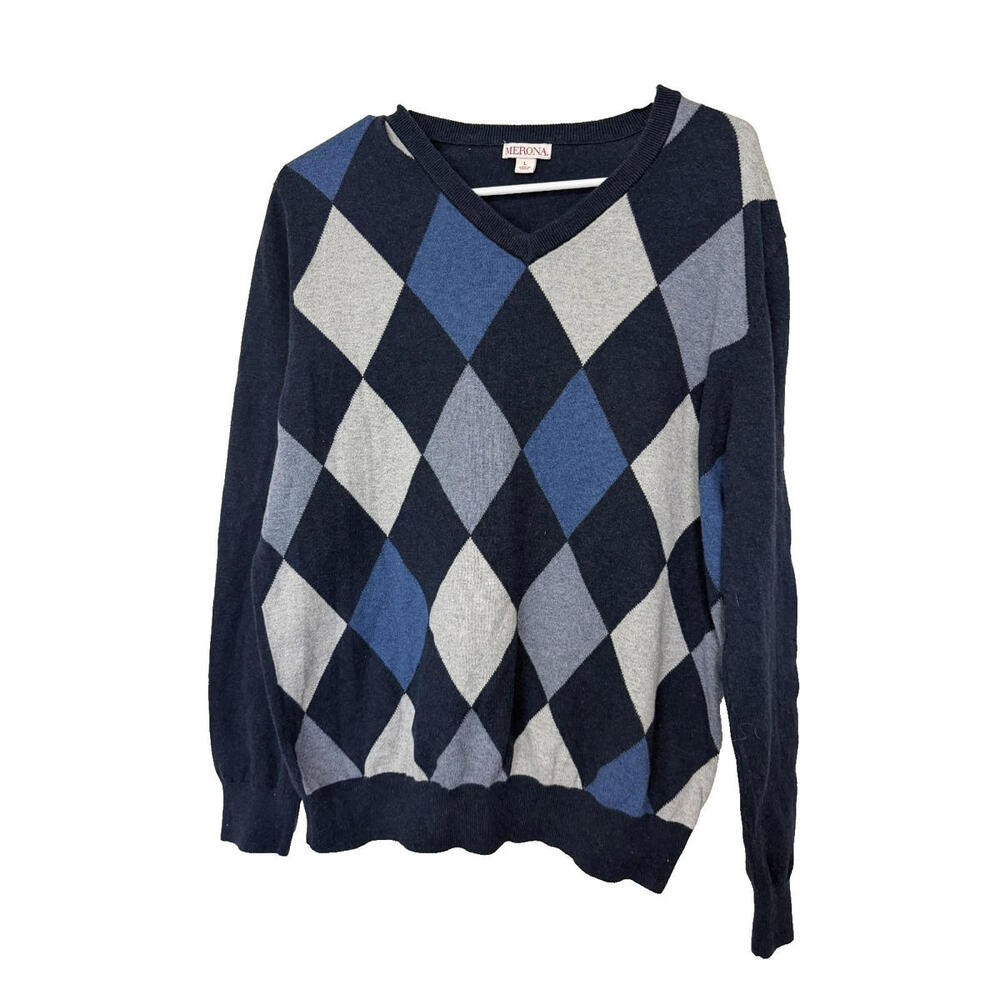 Merona Checkered Blue V Neck Sweater Mens L